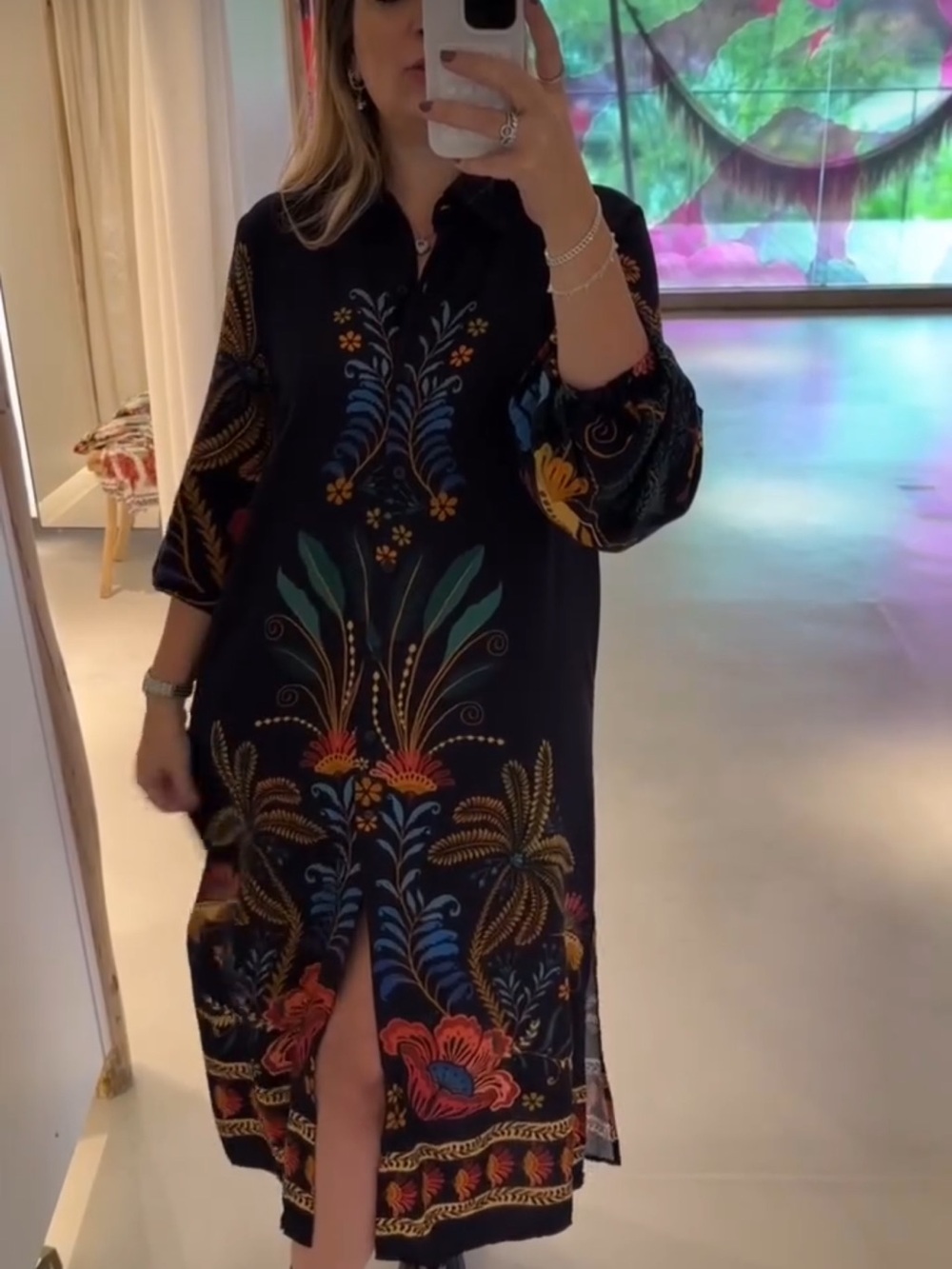 FARM Rio Black Midi Dress with Multicolor Botanical Print